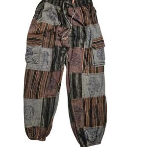 Boho Hippy Patchwork Natural Cotton baggy Rising International Harem Pants sz L